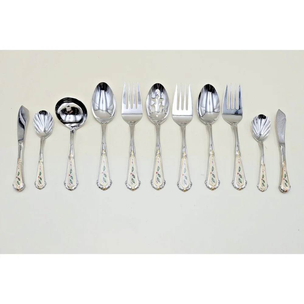 Lenox Holiday 18/8 Stainless Steel Serving Flatware Set of 11 Holly Gold Accent